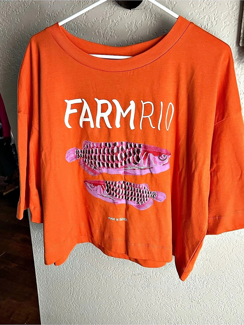 FARM Rio Amazon Fish Crop T-Shirt Orange & Pink Large